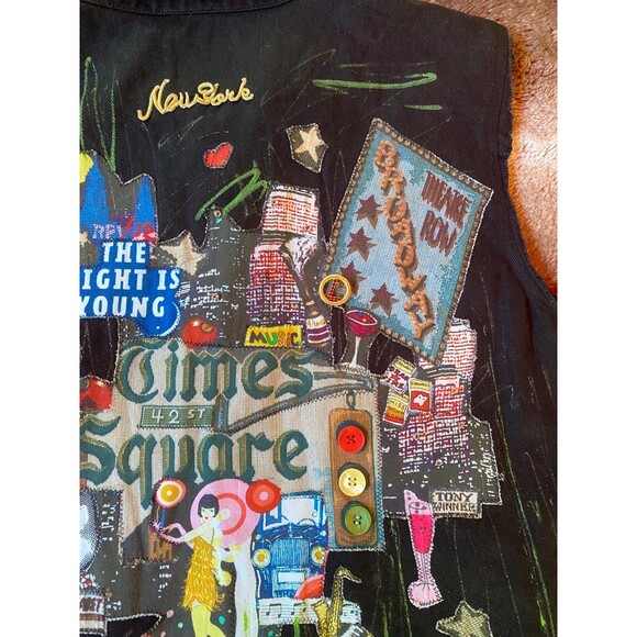 Jane Elissa unique cut off sleeves Patch vest black denim jacket size xl - Picture 4 of 12